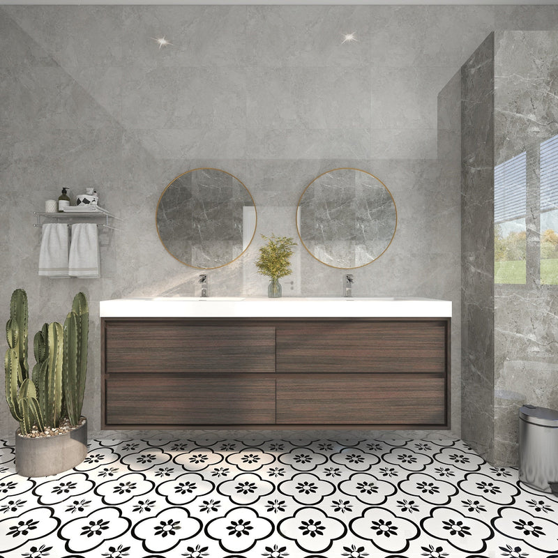 Saggia 72" Wall-Mounted Floating Bathroom Vanity with Reinforced Acrylic Double Sink in Dark Gray Oak | Better Vanity Modern Luxury Bathroom Vanities