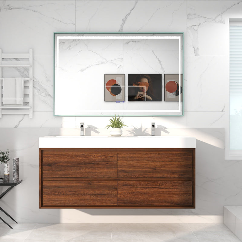 Saggia 60" Wall-Mounted Floating Bathroom Vanity with Reinforced Acrylic Double Sink in Rosewood | Better Vanity Modern Luxury Bathroom Vanities