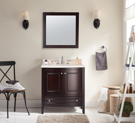 Bathroom with a dark wooden vanity, marble countertop, square mirror, and two sconces, plus a chair with towels, baskets, and a white ladder shelf.