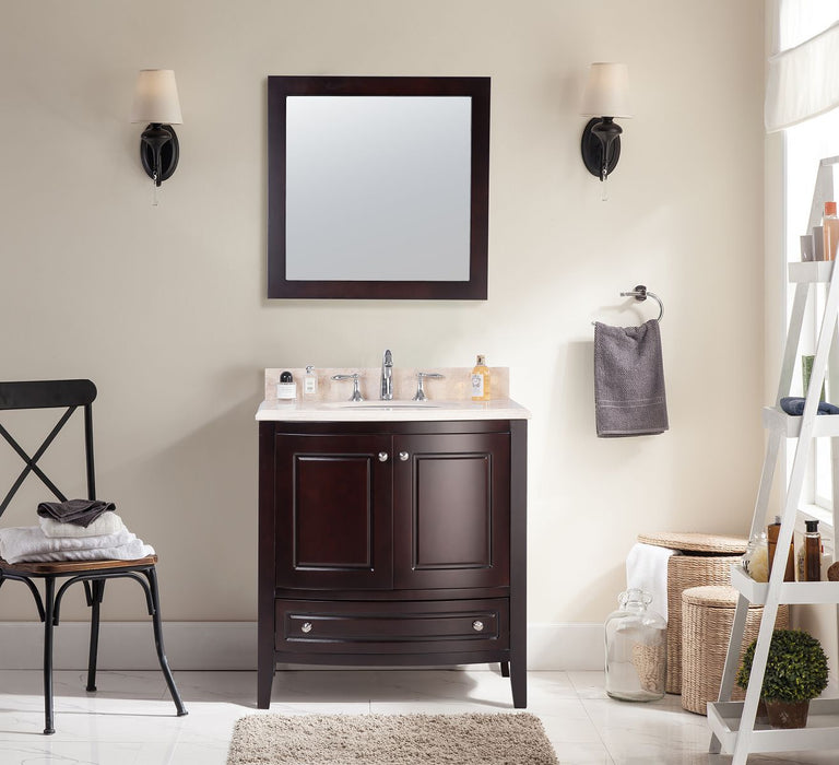 Bathroom with a dark wooden vanity, marble countertop, square mirror, and two sconces, plus a chair with towels, baskets, and a white ladder shelf.