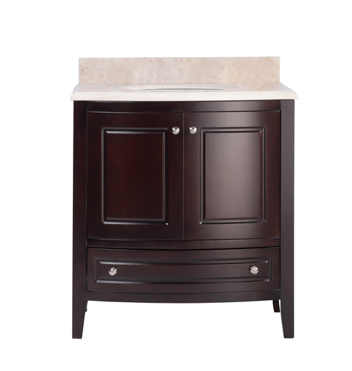 Dark wooden vanity with a cream countertop and silver knobs.