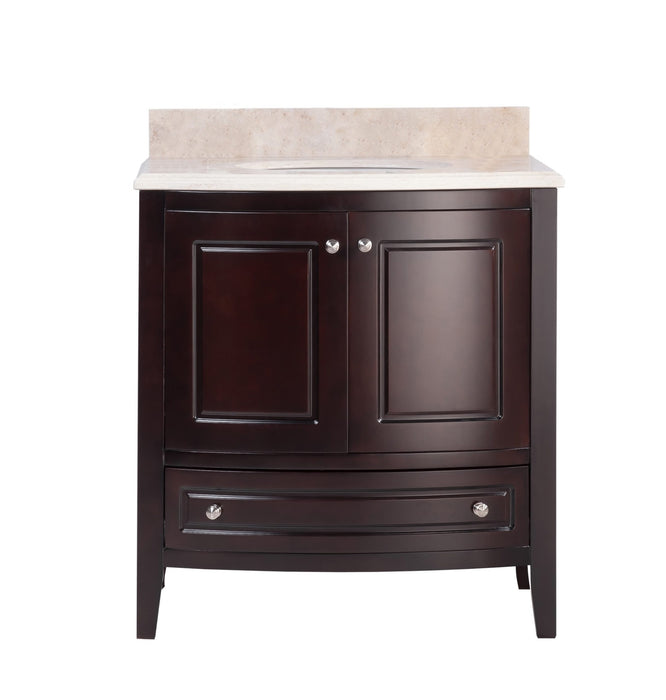 Dark wooden vanity with a cream countertop and silver knobs.