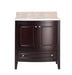 Dark wooden vanity with a cream countertop and silver knobs.