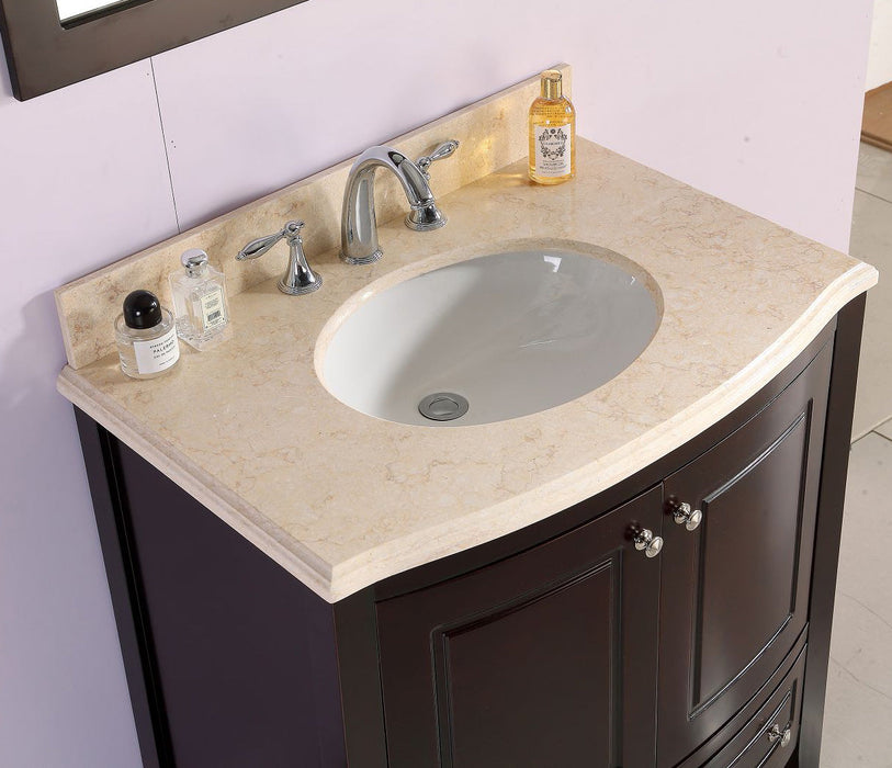 Bathroom vanity with marble countertop, oval sink, and chrome faucet.
