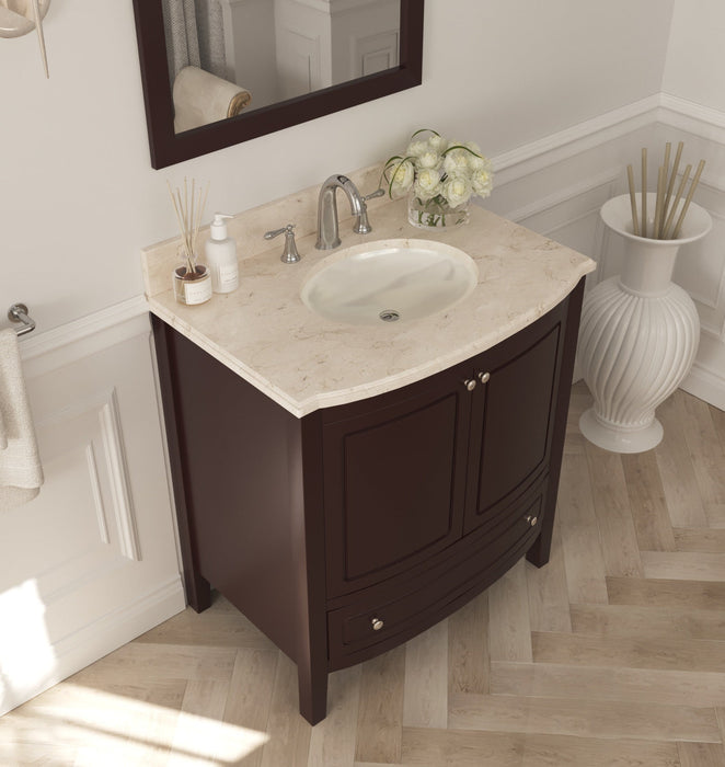 Dark brown vanity with beige countertop, white sink, and brushed nickel faucet.