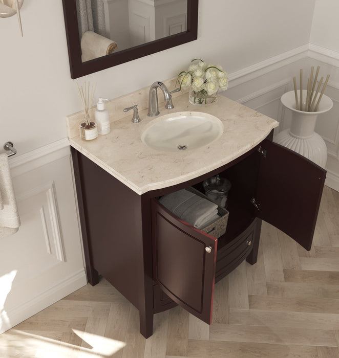 Bathroom vanity with open cabinet doors revealing towels and accessories.