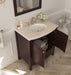 Bathroom vanity with open cabinet doors revealing towels and accessories.