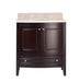 Mahogany bathroom vanity with cream countertop.
