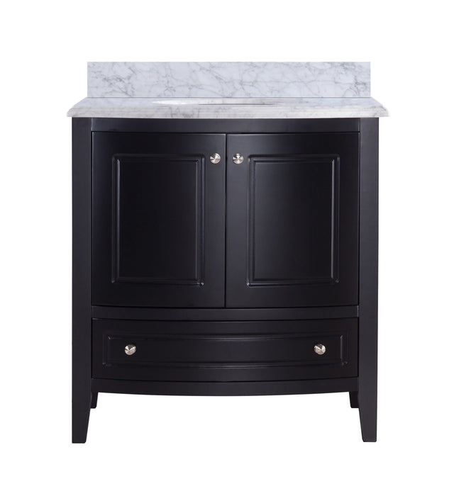 Black bathroom vanity with white marble top.