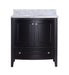 Black bathroom vanity with white marble top.