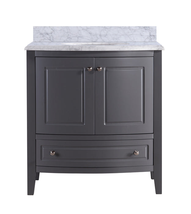 Gray vanity with marble countertop.