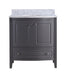 Gray vanity with marble countertop.