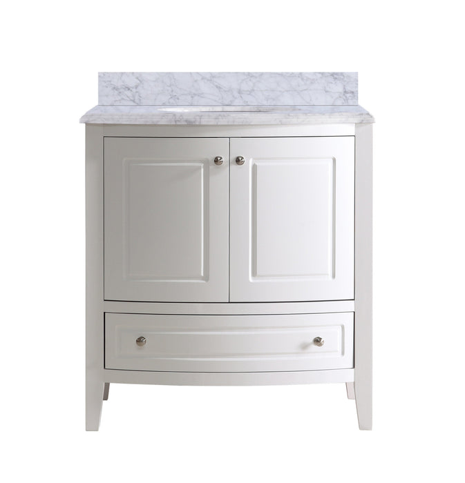White bathroom vanity with marble countertop, two doors, and one drawer.