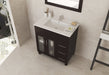 Dark brown vanity with white countertop and sink in a bathroom.