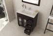 Bathroom vanity with open drawers, dark wood, and white countertop.
