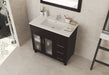 Bathroom vanity with dark wood cabinet, white countertop, and white sink.