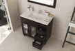 Bathroom vanity with sink, drawers open, displaying towels and accessories.