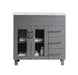 Gray bathroom vanity with drawers, cabinet doors, and a white countertop.