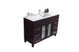 Dark brown bathroom vanity with a white countertop.

