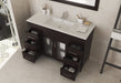 Bathroom vanity with open drawers, white countertop, and dark brown cabinet.