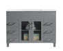 Gray bathroom vanity with white countertop and rectangular metal handles.