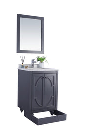 Gray vanity with a marble countertop and a mirror on a white background.