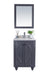 Gray vanity with marble countertop and mirror.