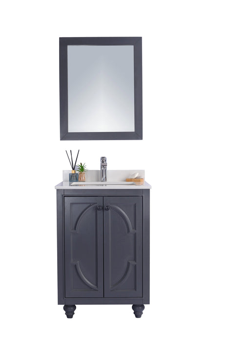 Gray vanity with white countertop and square mirror.
