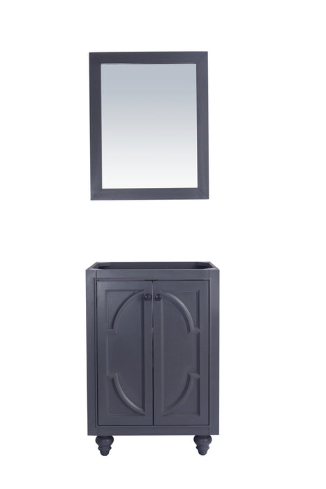 Dark gray vanity with square mirror.