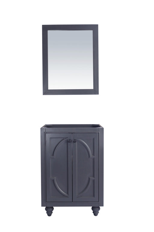 Dark gray vanity with square mirror.