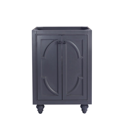 Gray cabinet with decorative door panels and bulbous feet.
