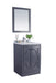 Gray vanity with marble top and framed mirror.
