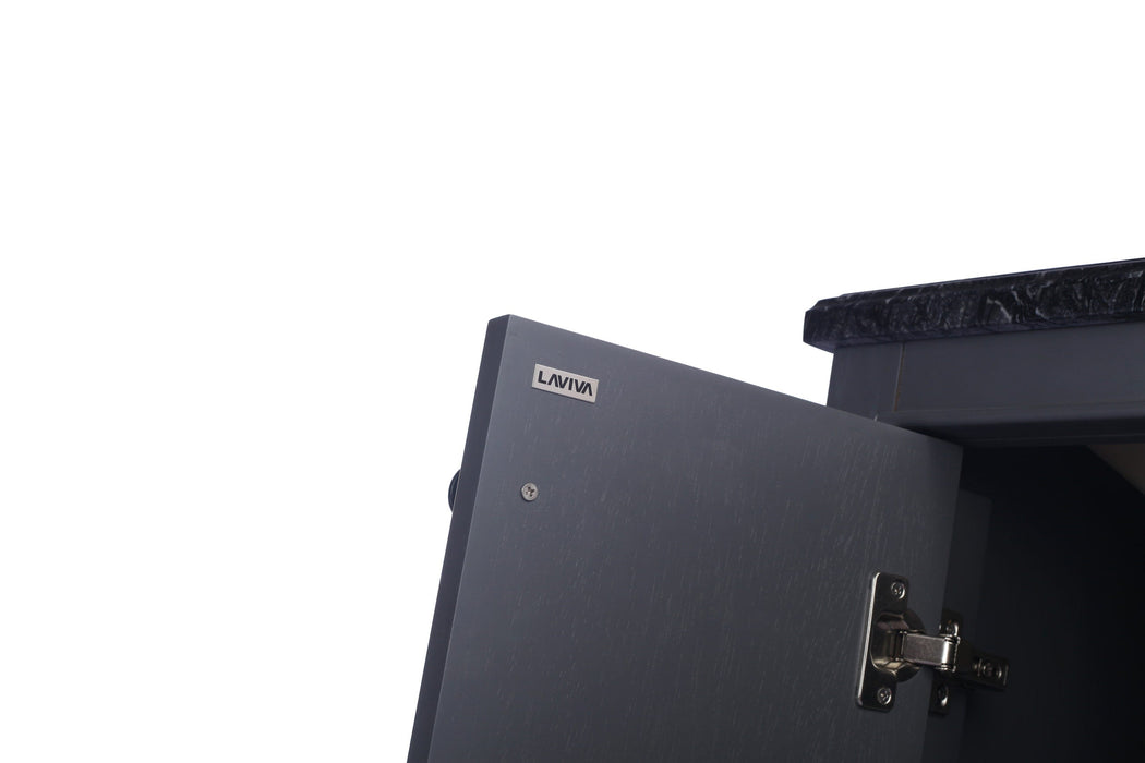 Gray cabinet door ajar, showcasing hardware and brand name.