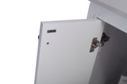 White cabinet door with logo and hinge.