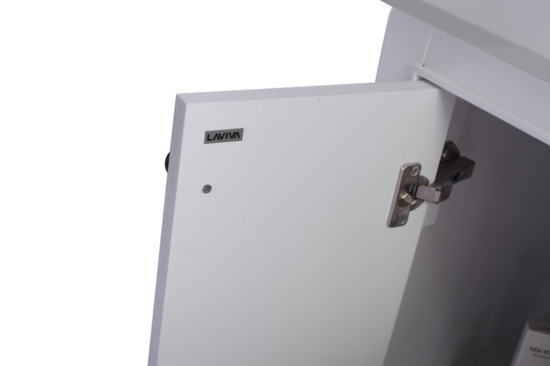 White cabinet door with logo and hinge.