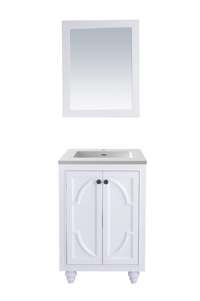 White bathroom vanity and mirror.