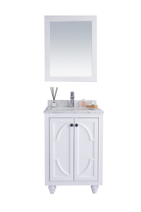 White vanity cabinet with mirror.
