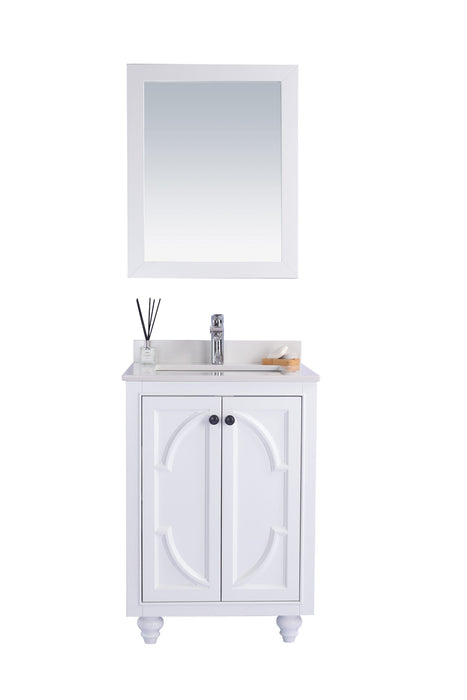 White bathroom vanity with mirror.