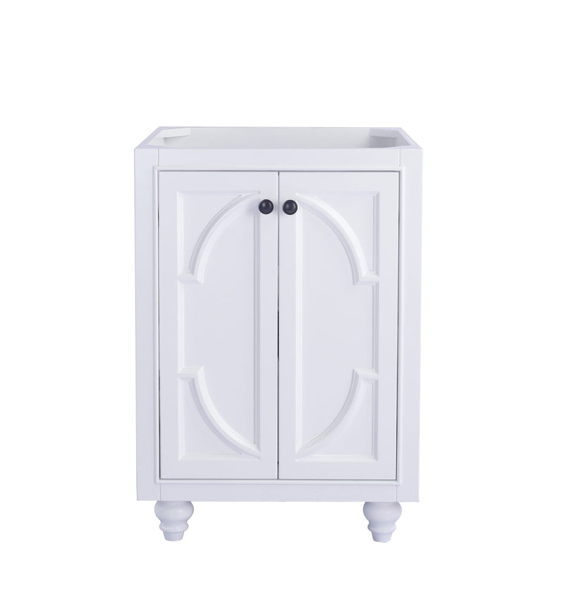 White bathroom vanity with two doors and dark knobs.