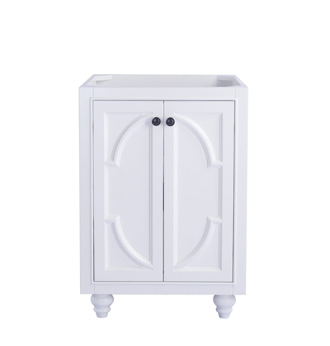 White bathroom vanity with two doors and dark knobs.