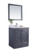 Bathroom vanity with mirror and marble countertop.