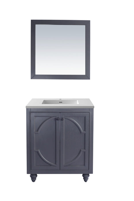 Bathroom vanity with grey cabinet, white countertop and square mirror.