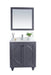 Gray bathroom vanity with white countertop and matching framed mirror.