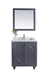 Freestanding gray bathroom vanity with mirror and plant.