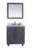 Gray bathroom vanity with marble countertop and matching mirror.
