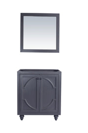 Gray vanity and mirror set.