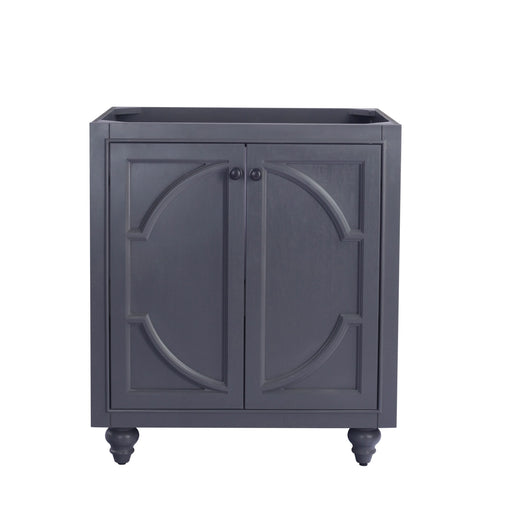 Gray double-door vanity cabinet with round door pulls.