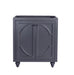 Gray double-door vanity cabinet with round door pulls.