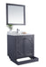 Bathroom vanity with mirror, marble countertop, and gray cabinet.
