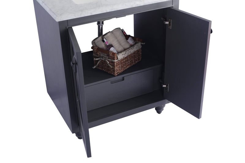 Gray vanity cabinet with open doors, shelf, and basket.